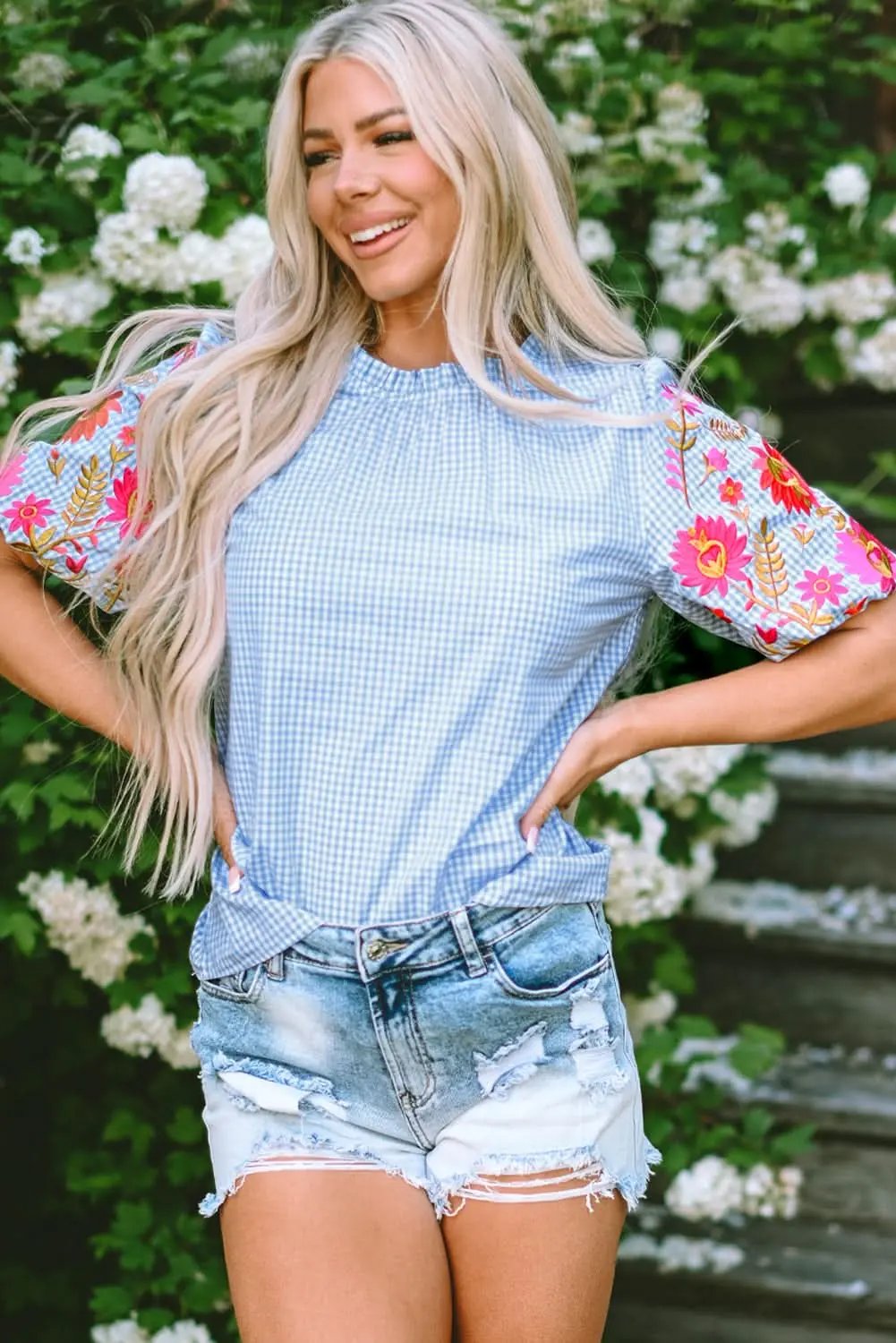 Light blue floral blouse with puff sleeves - Love Salve